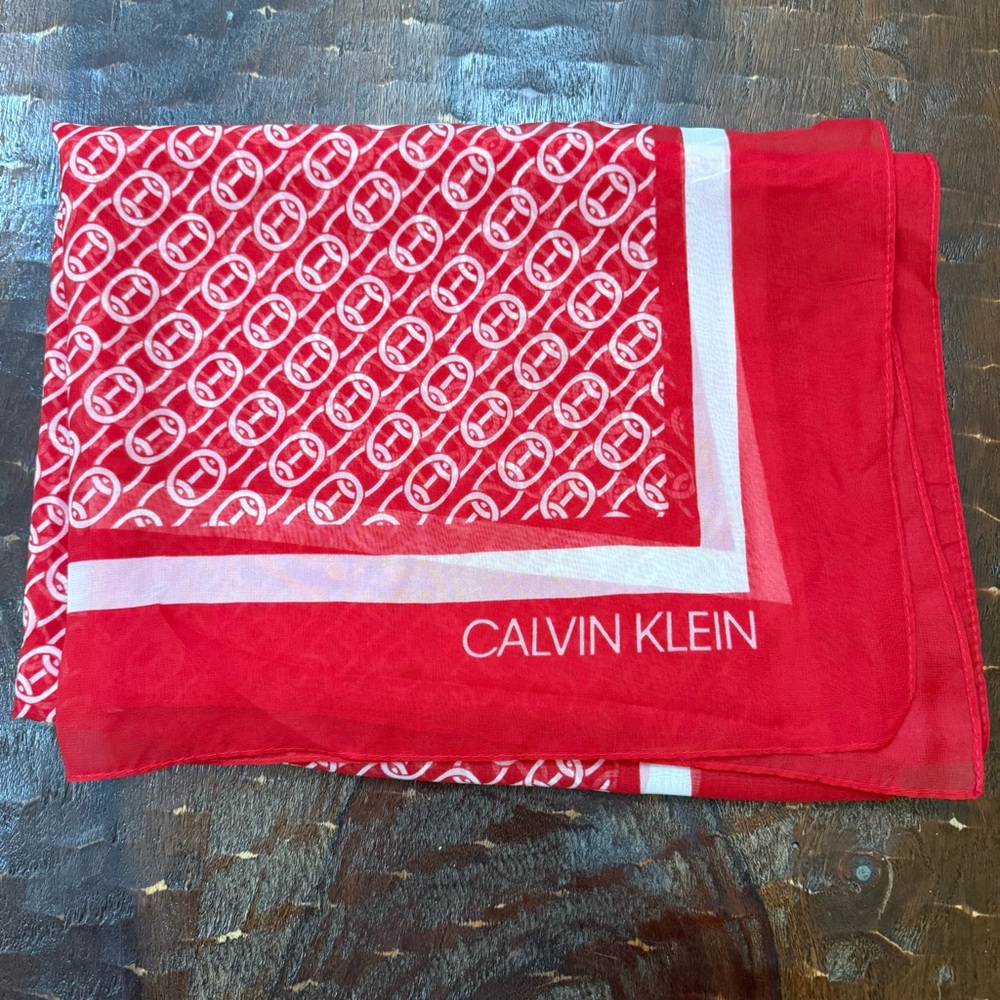Calvin Klein Red and White Logo Print Scarf